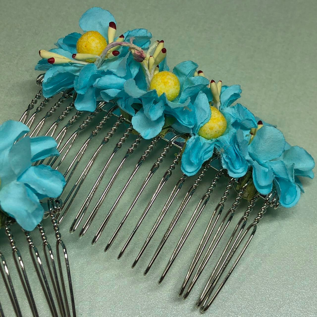 Two turquoise paper flower hair slides
