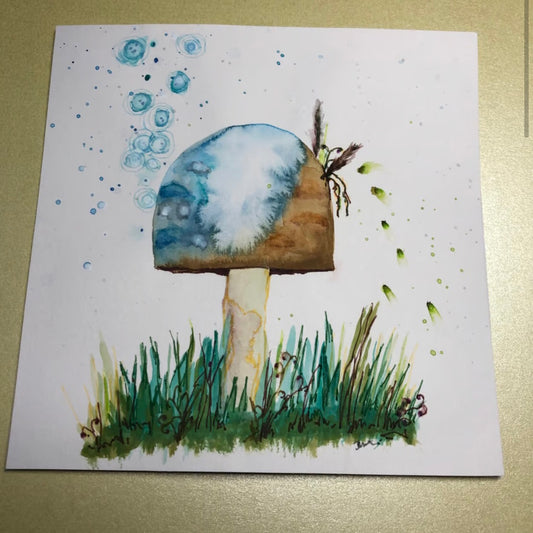 Turquoise and brown toadstool birthday card