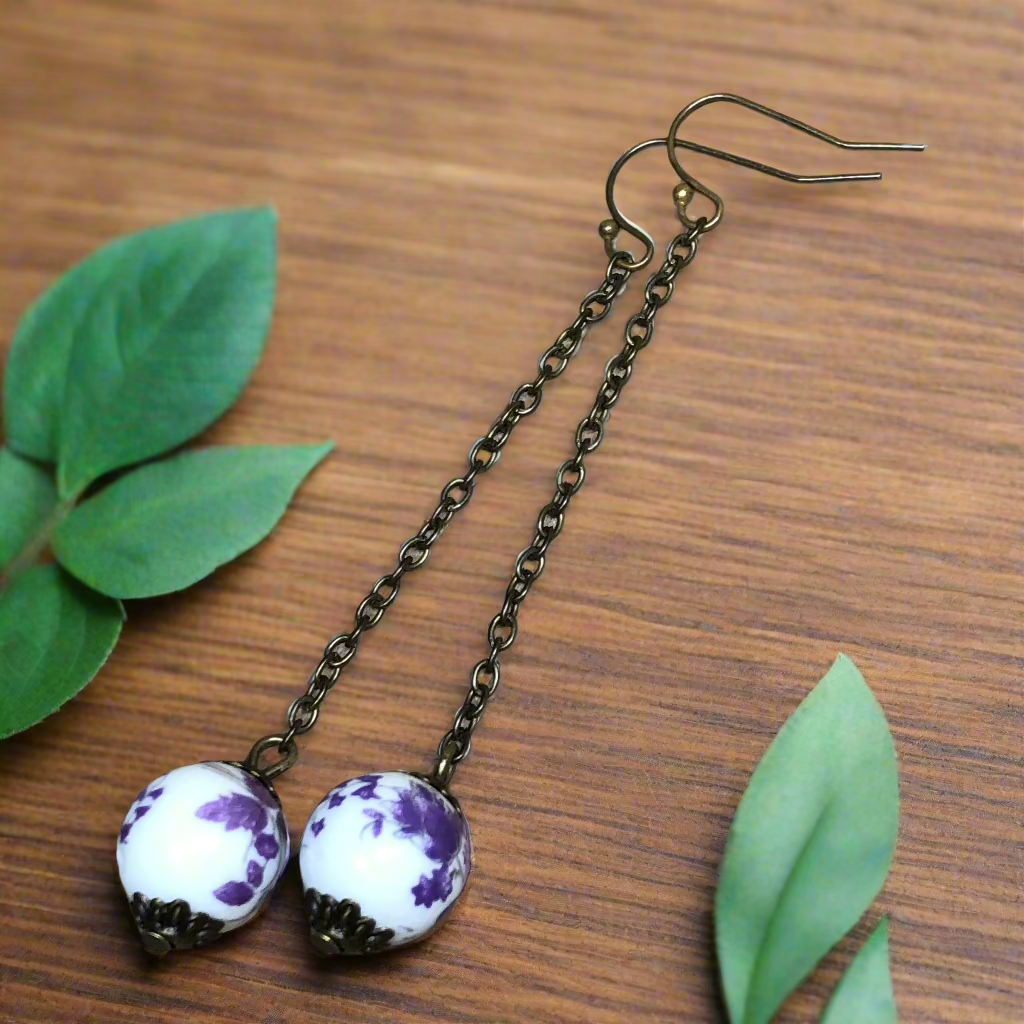 Bia - Long bronze chain china dangle earrings