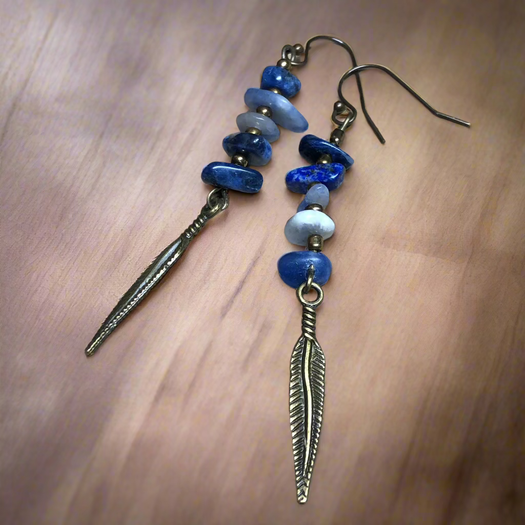 Alectrona - Sodalite and feather bronze earrings