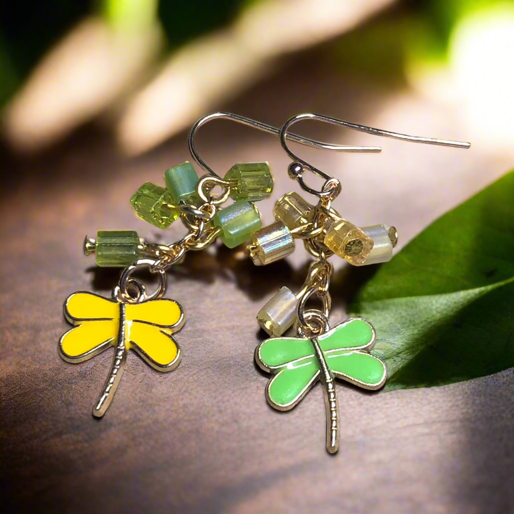 Hera - Yellow and green dragonfly earrings