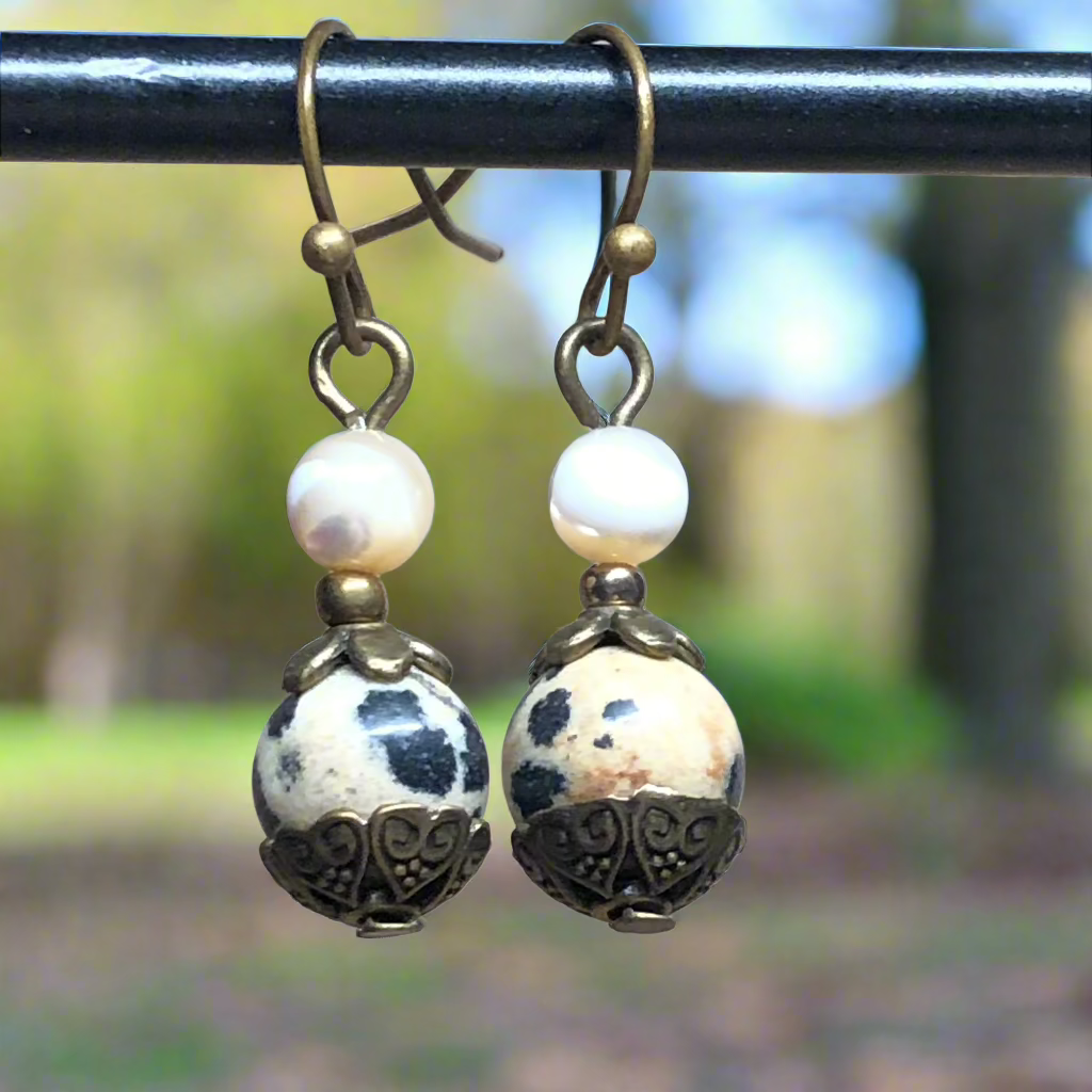 Sabrina - Dalmatian Jasper and Mother of Pearl earrings