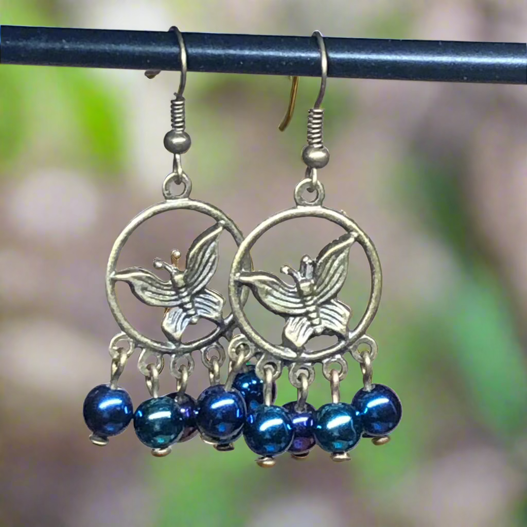 Lyra - Butterfly and glass bead hoop charm earrings