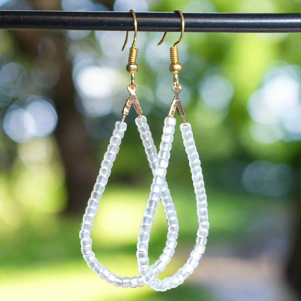 Snowdrop - white glass teardrop hoop earrings