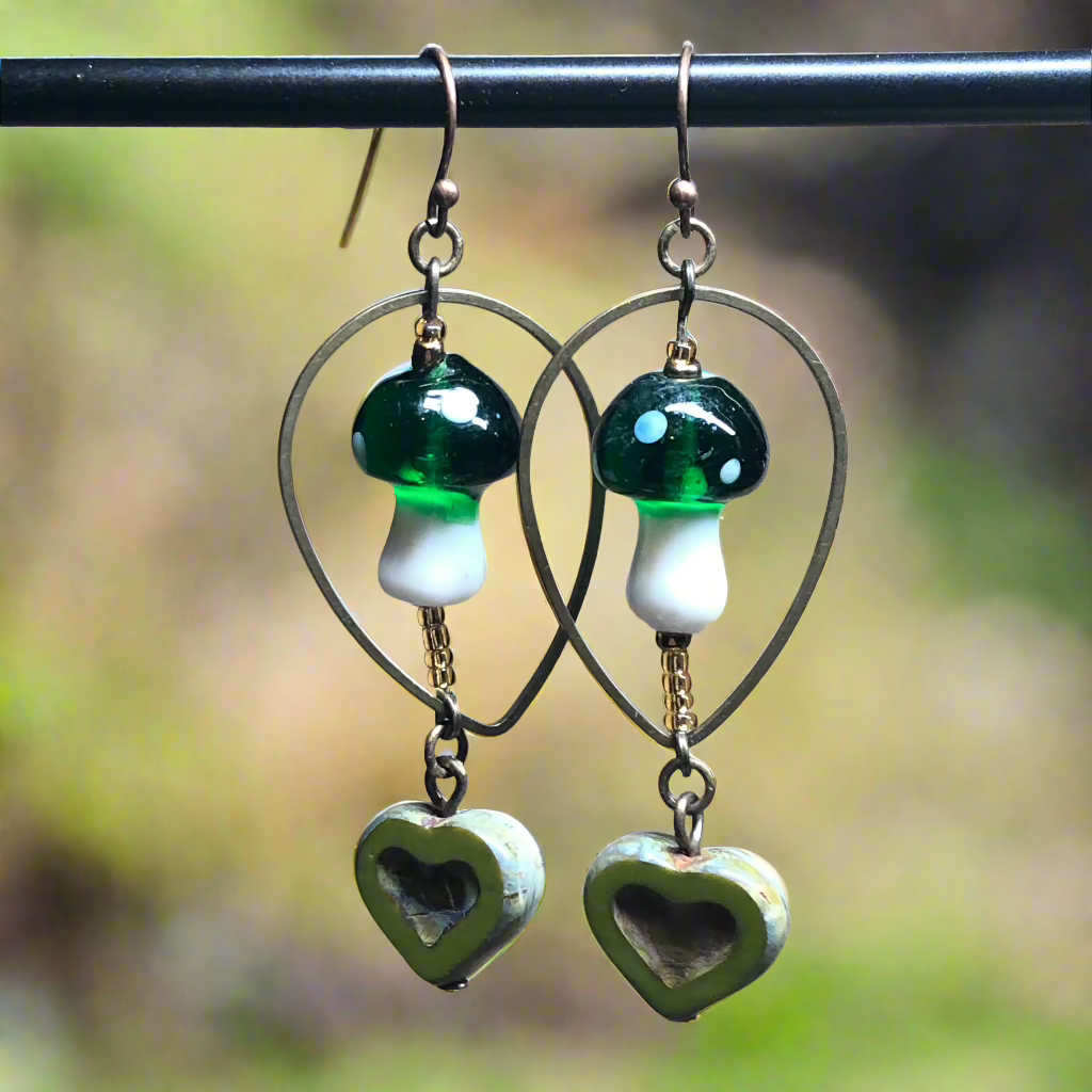 Grainne - Green and white mushroom heart earrings