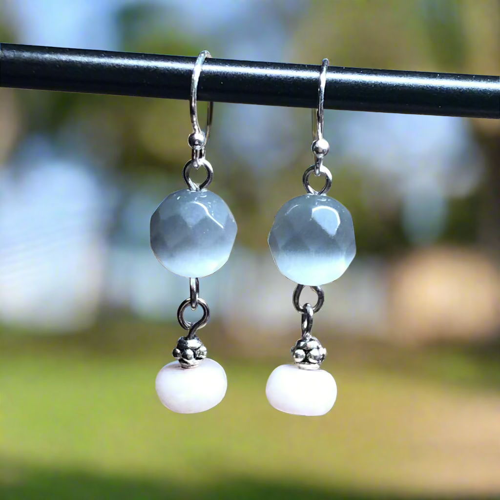 Delia - Rose Quartz and shimmer grey earrings