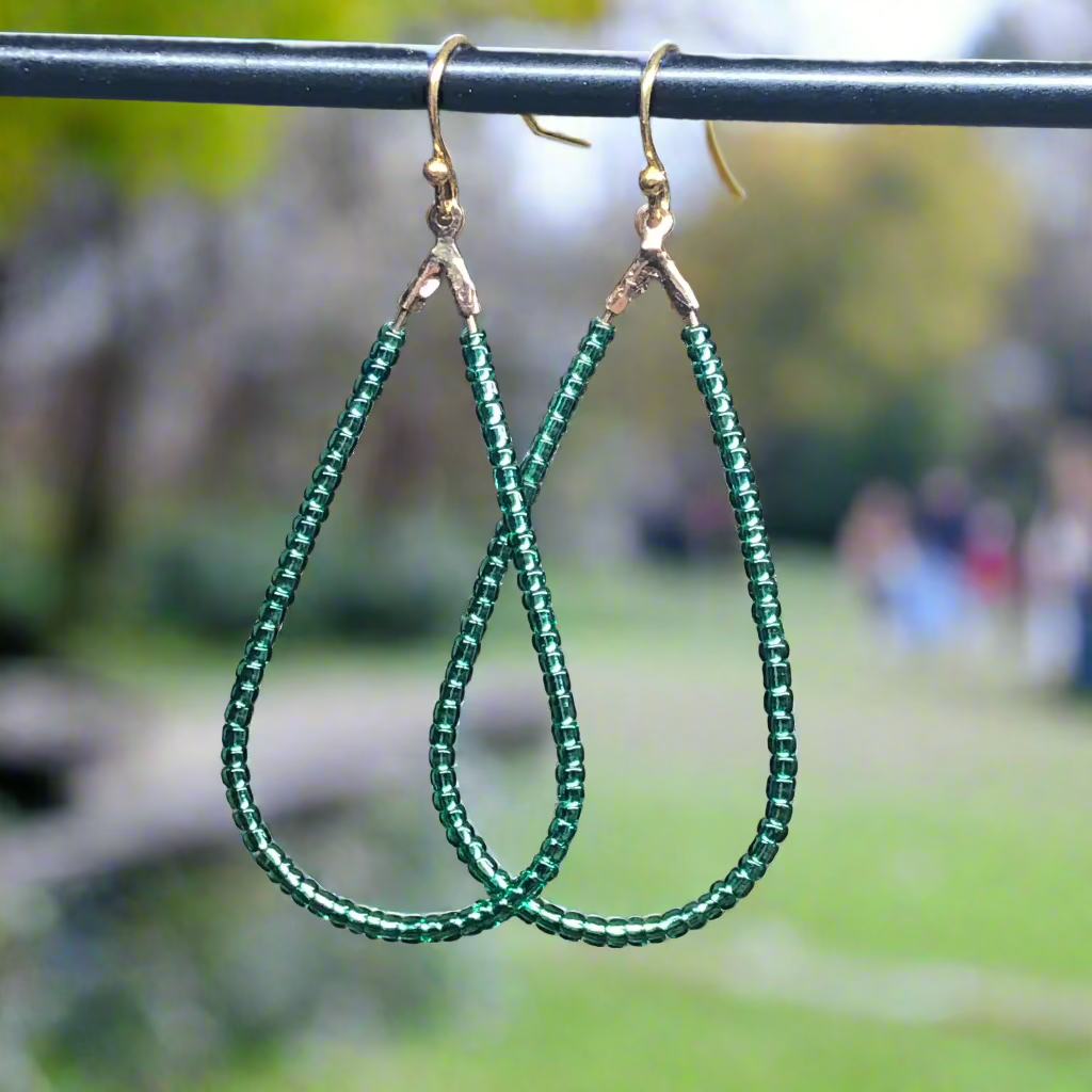 Emelda - Minty green glass peardrop hoop earrings