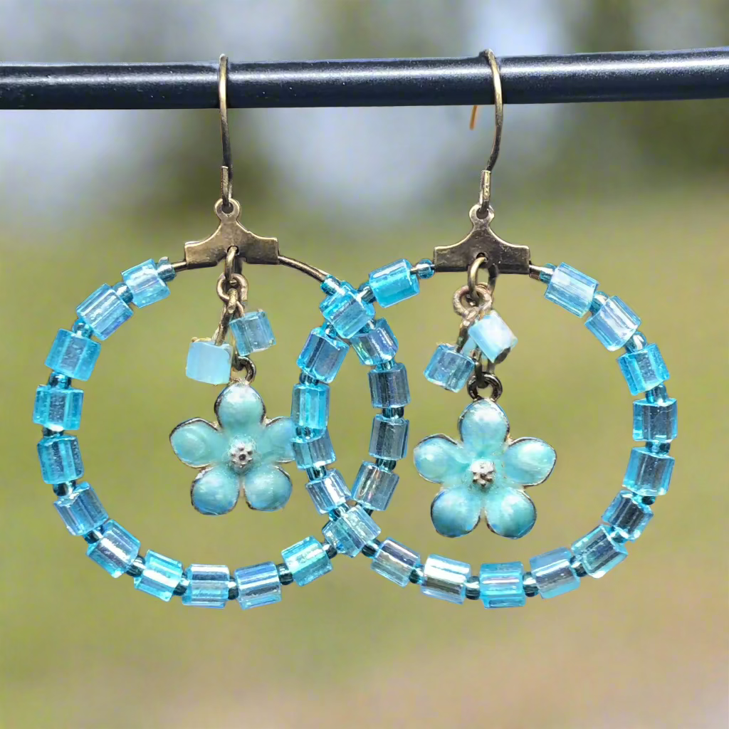 Tisiphone - Blue hoop flower charm earrings