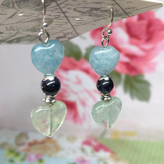 Aquamarine Goldstone and Fluorite heart earrings