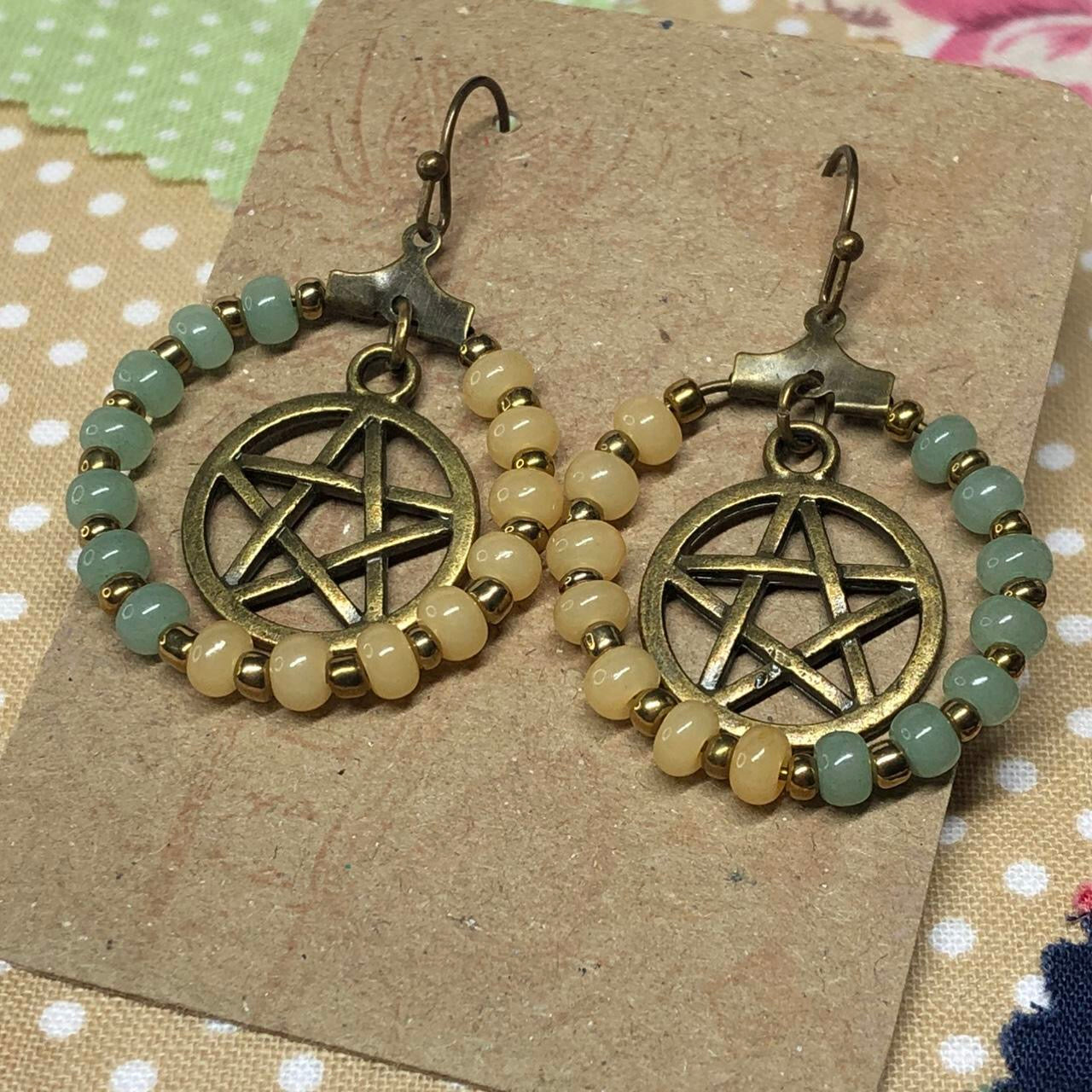 Pastel bead pentagram hoop earrings