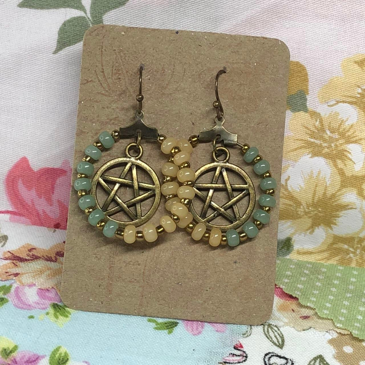 Pastel bead pentagram hoop earrings