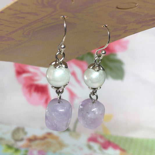 Amethyst and glass pearl earrings