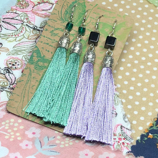 Lilac and Moss tassel earrings