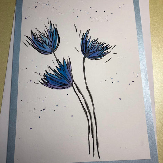 Blue spiky flower watercolour birthday card