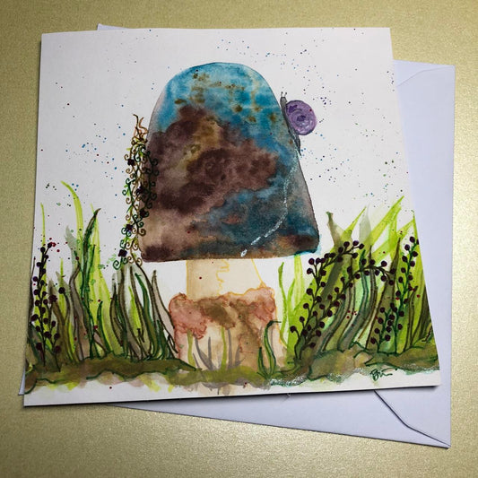 Blue and brown toadstool birthday card