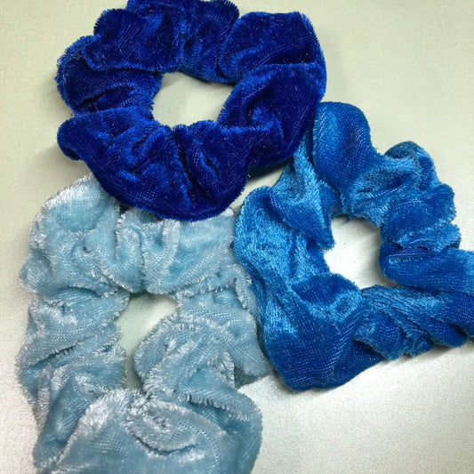 Three blue velvet handmade hair scrunchies