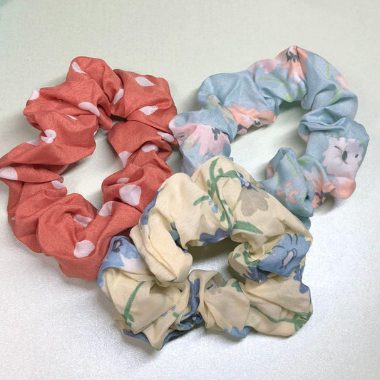 Three floral handmade fabric hair scrunchies