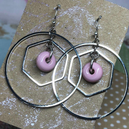 Pink glass and silver hexagon hoop earrings