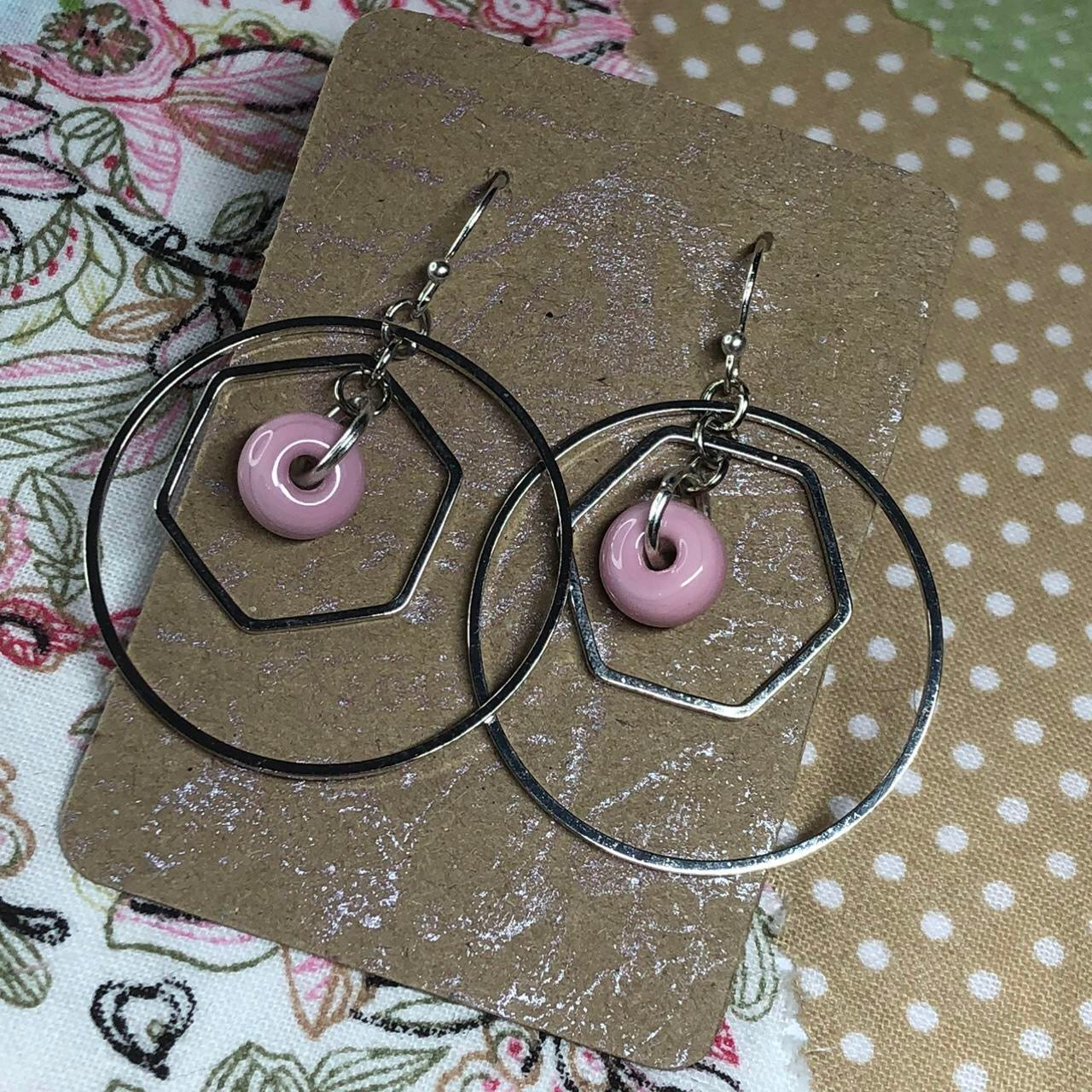 Pink glass and silver hexagon hoop earrings