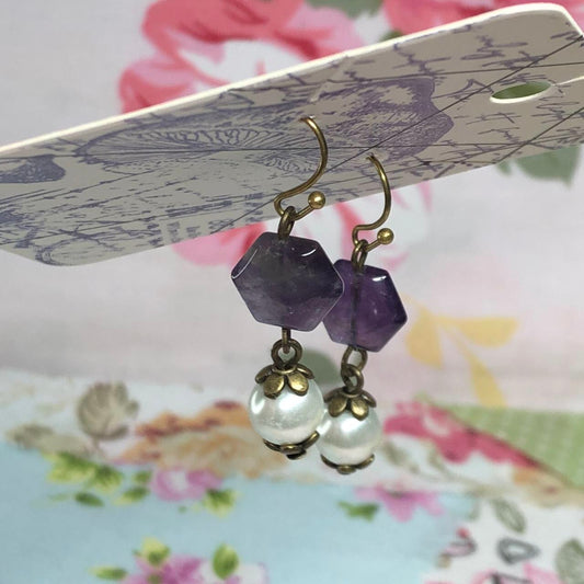 Amethyst hexagon and white glass pearl earrings