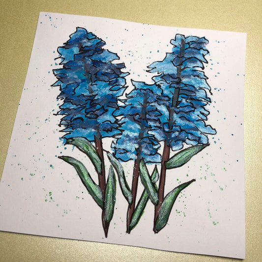 Blue flower watercolour and pen greeting card