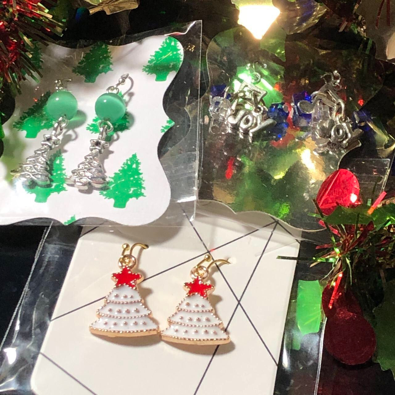 Donna - Three pairs Christmas earrings trees and Joy
