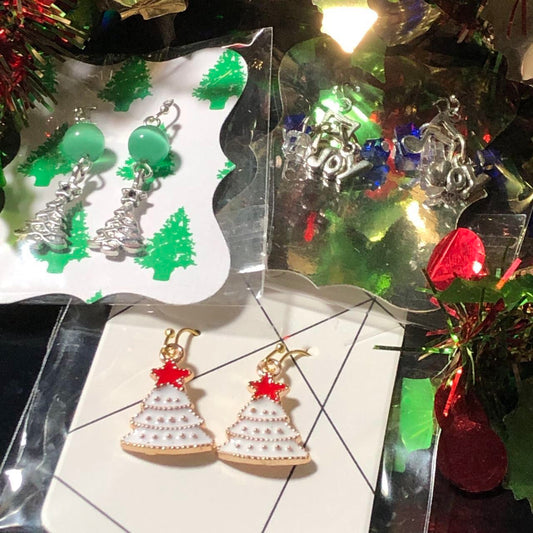Three pairs Christmas earrings trees and Joy