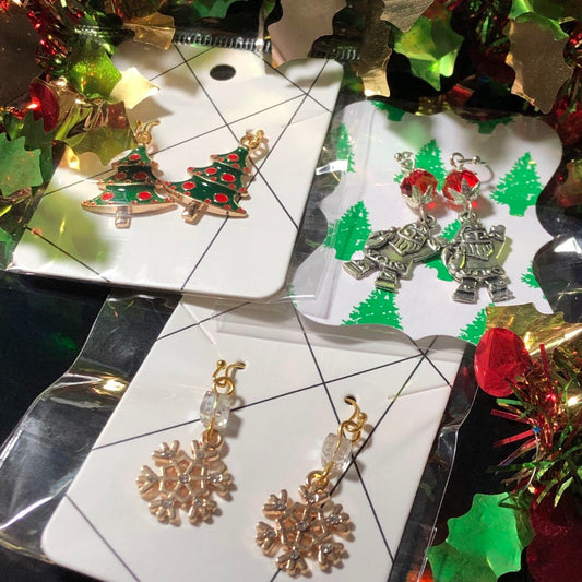 Three pairs Christmas earrings Santas, trees and snowflakes