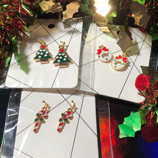 Three pairs Christmas earrings candy canes, trees and wreaths