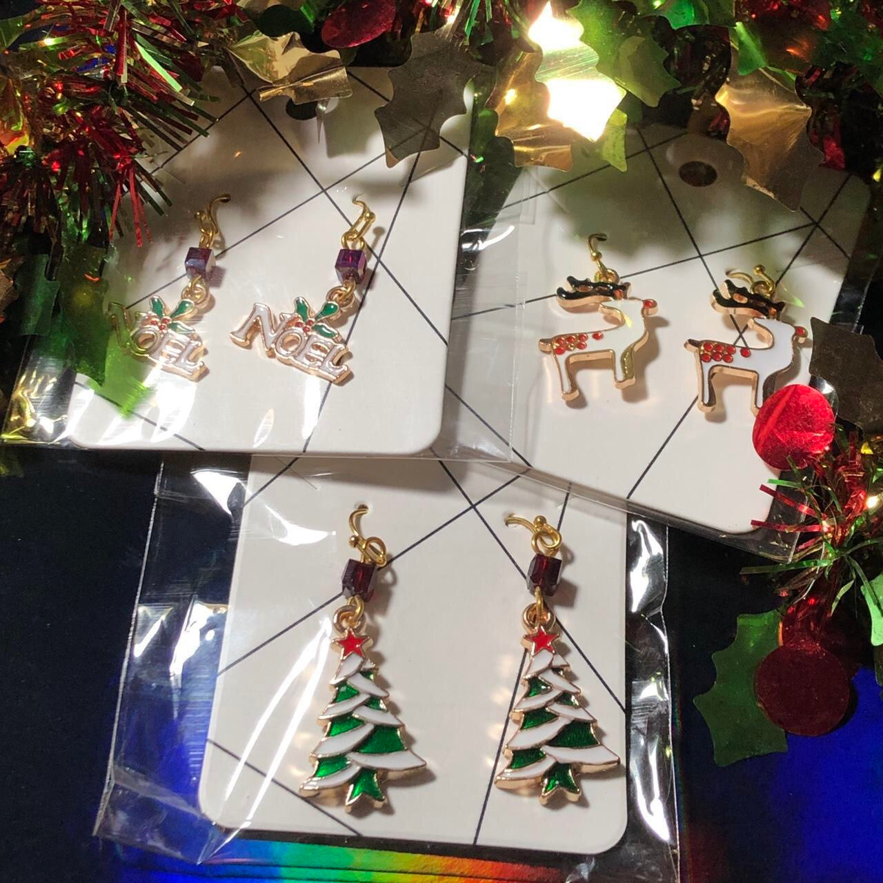 Nevicare - Three pairs Christmas earrings trees, reindeer and Noel