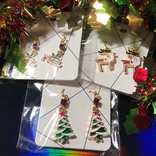 Three pairs Christmas earrings trees, reindeer and Noel