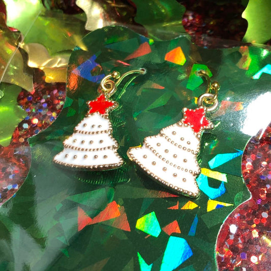 Snowy Christmas tree enamel earrings