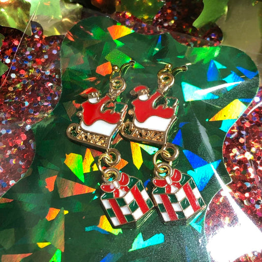 Sleigh and gift Christmas enamel earrings