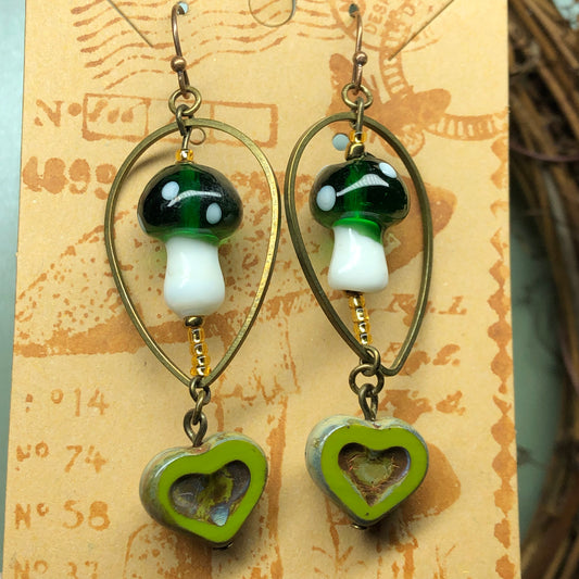 Green and white mushroom heart earrings