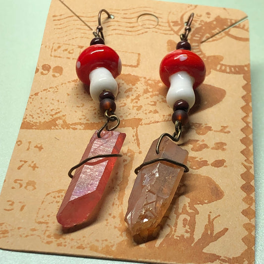 Red and white mushroom crystal earrings