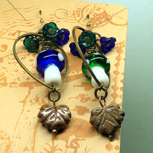 Blue and green mushroom crystal earrings