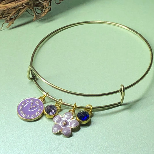 Lilac clock and flower expandable bangle