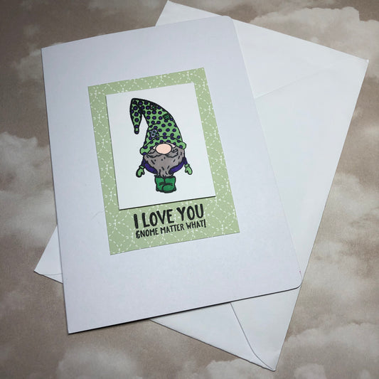 Green gnome heart card greeting card