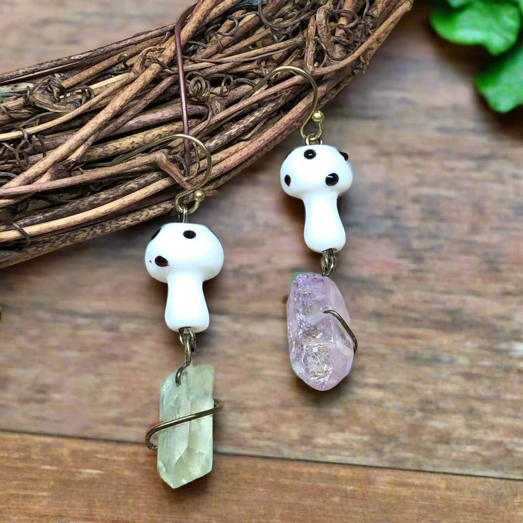 Alice - Mismatched white mushroom crystal earrings