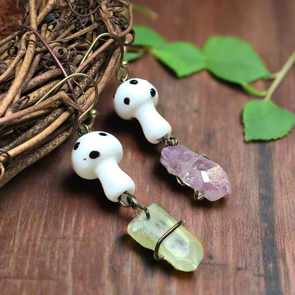 Alice - Mismatched white mushroom crystal earrings