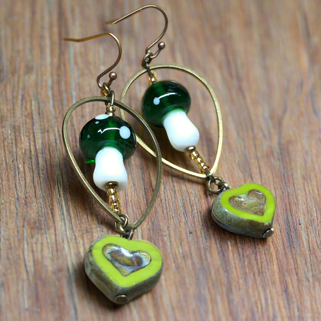 Grainne - Green and white mushroom heart earrings