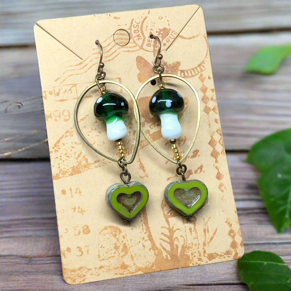 Grainne - Green and white mushroom heart earrings