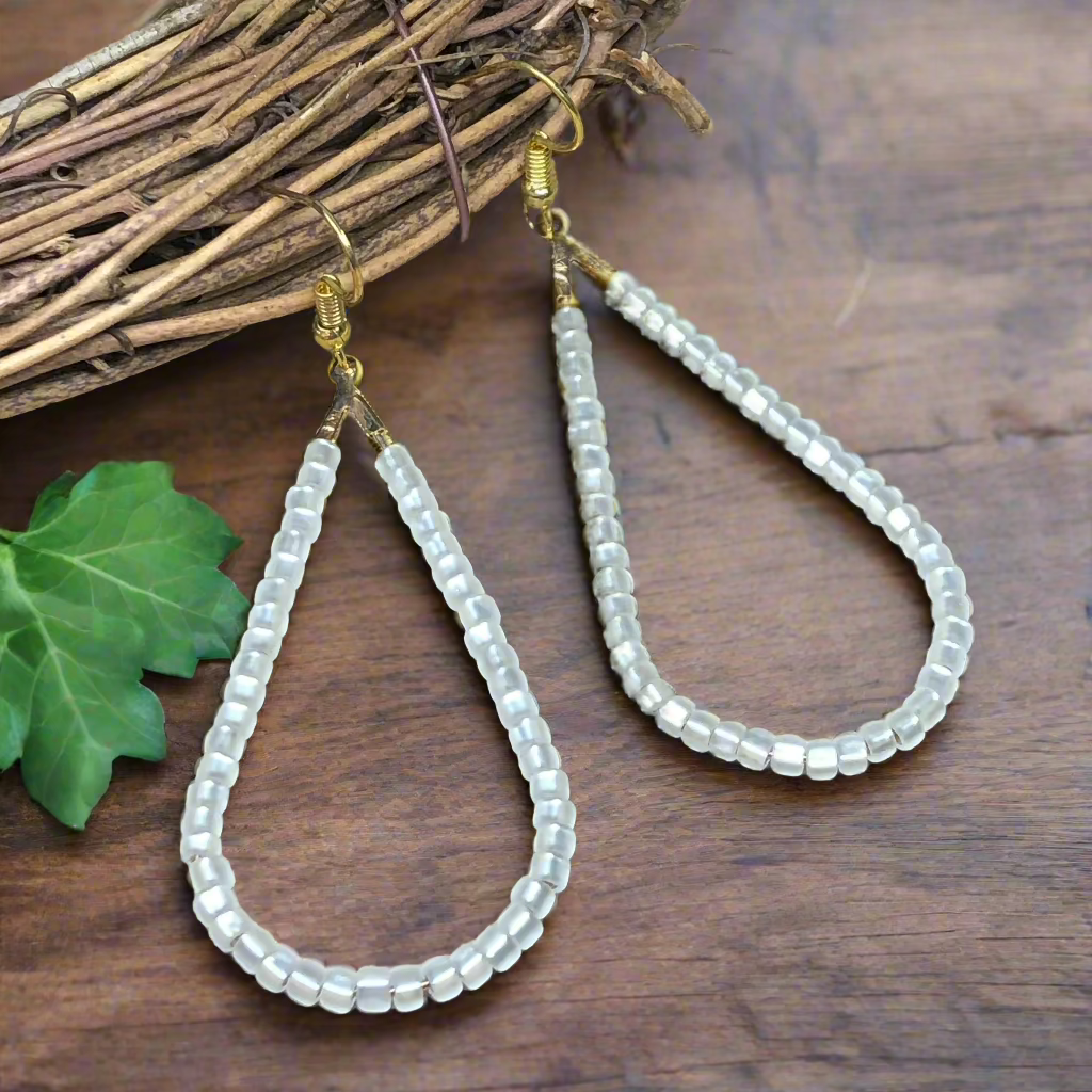 Snowdrop - white glass teardrop hoop earrings