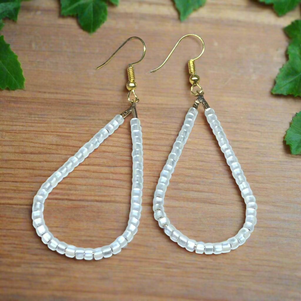 Snowdrop - white glass teardrop hoop earrings