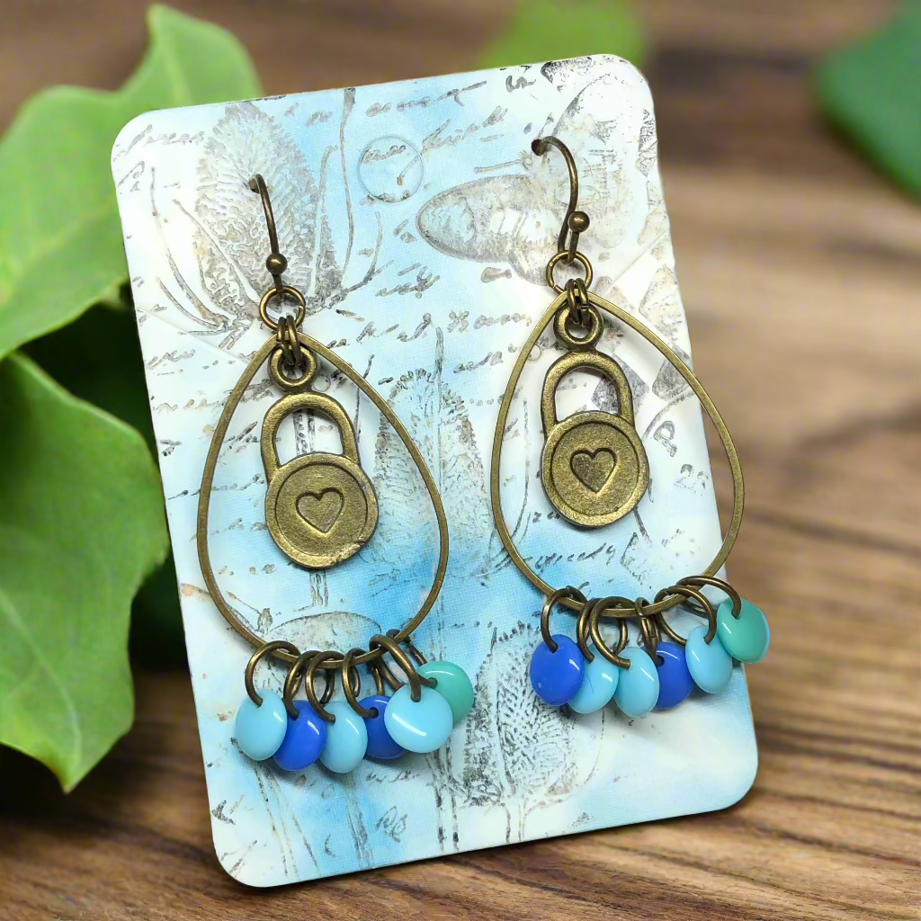 Pomona - Blue glass disc heart hoop earrings