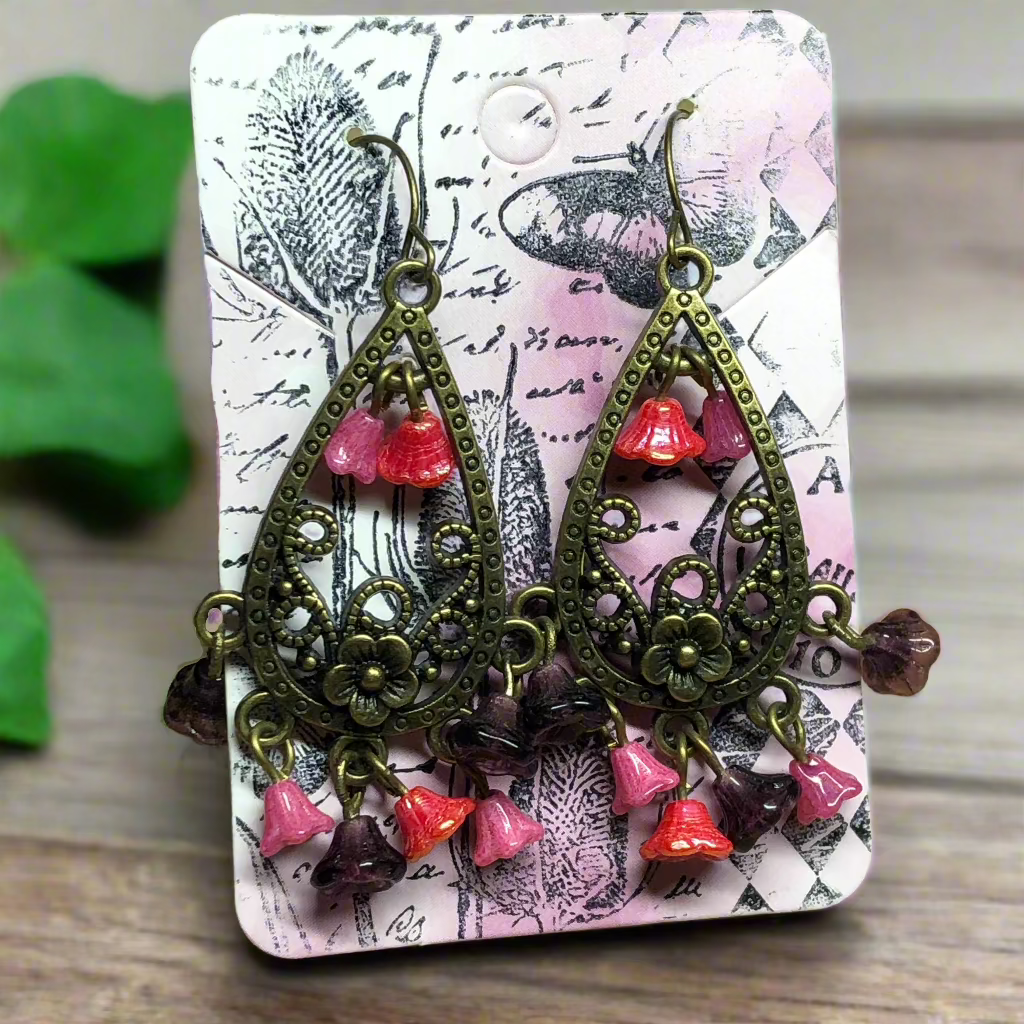 Cambridge - Pink Czech glass flower chandelier earrings