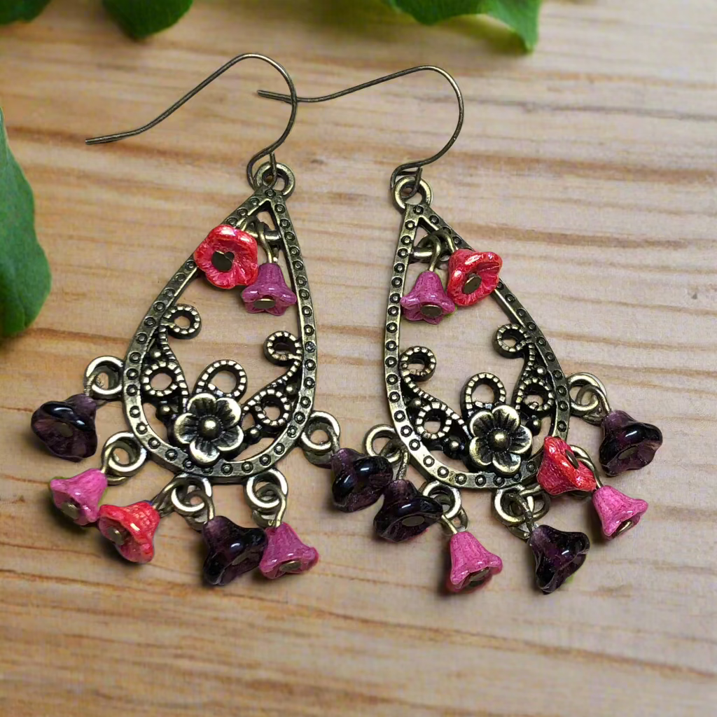 Cambridge - Pink Czech glass flower chandelier earrings