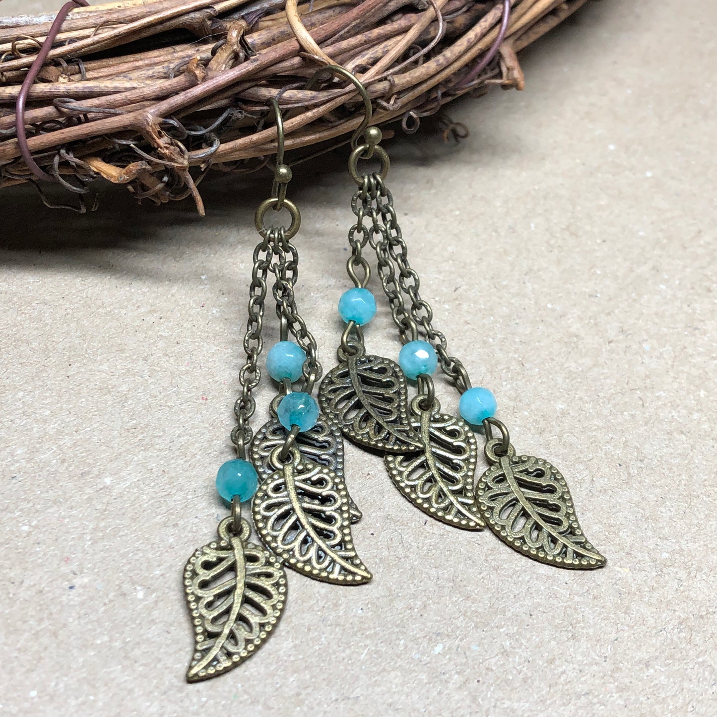 Grace - Brazilian Emerald and bronze leaf earrings