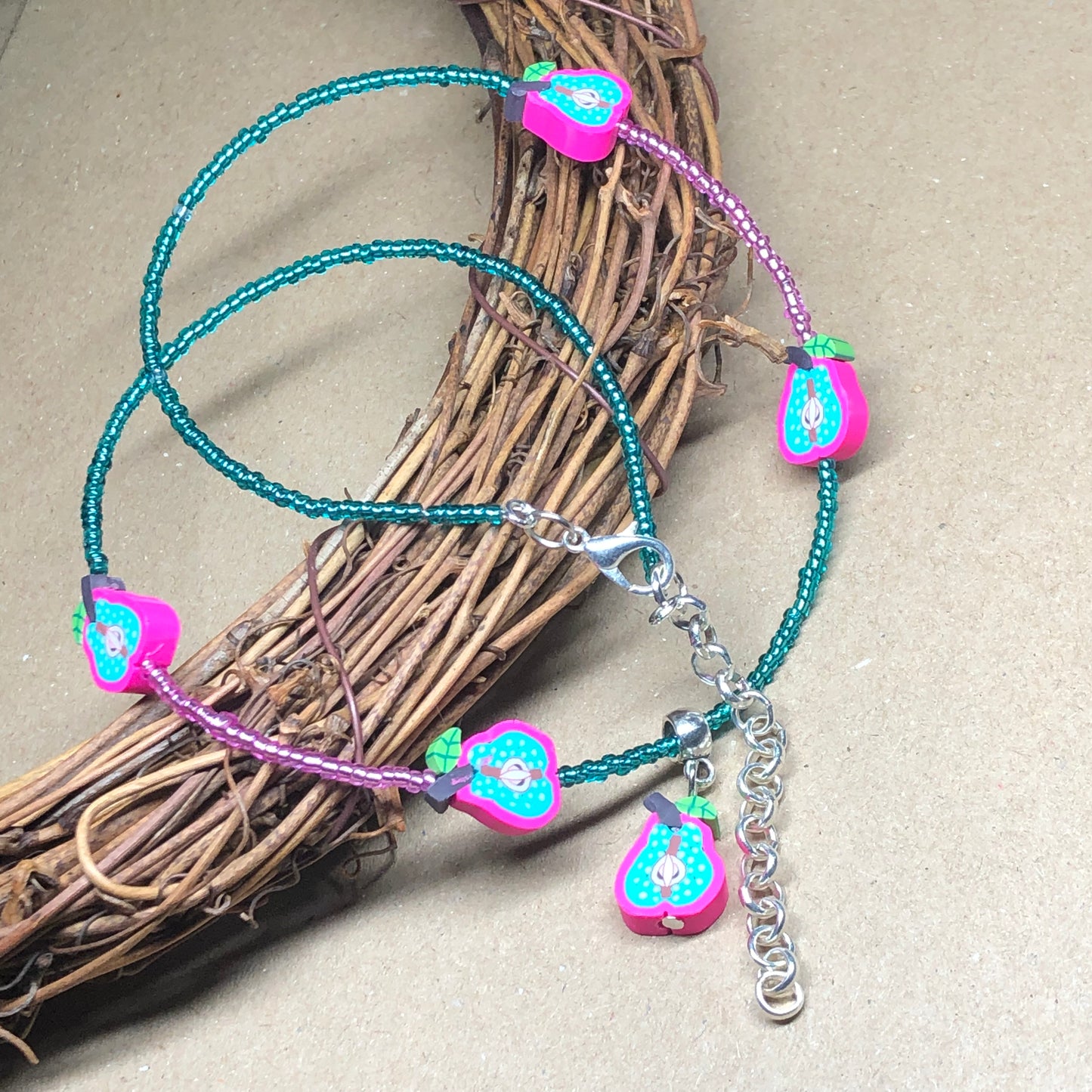 Kawaii - Cute pear necklace made with pink and teal beads