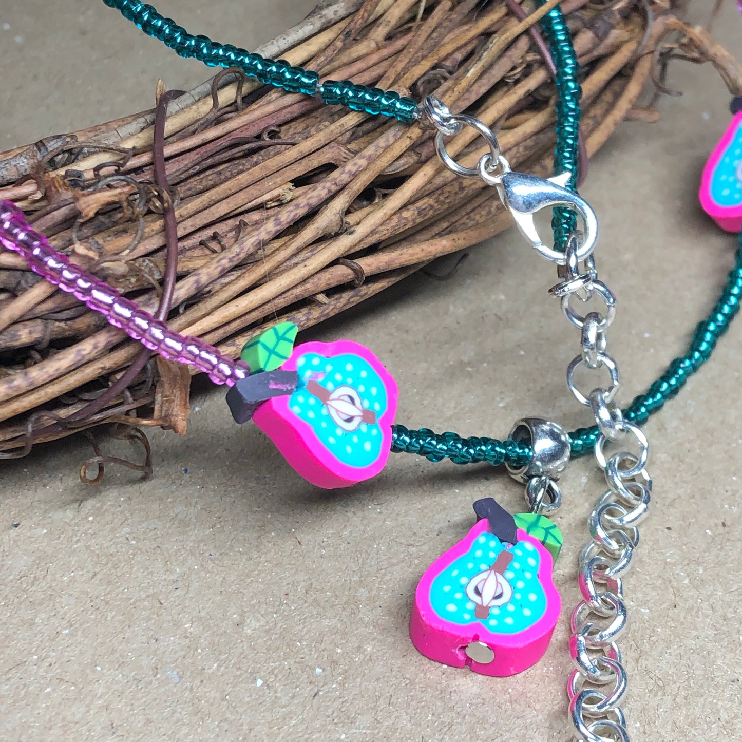 Kawaii - Cute pear necklace made with pink and teal beads